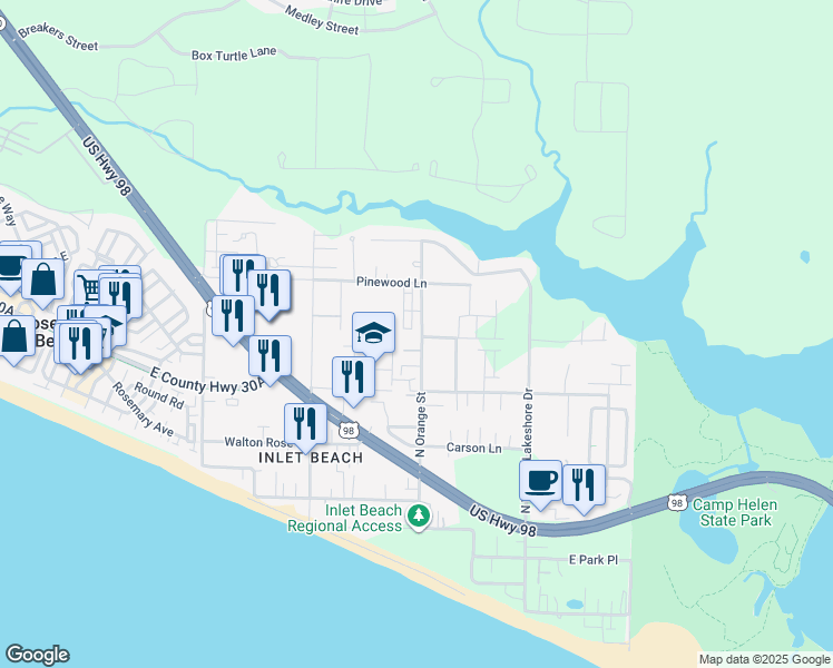 map of restaurants, bars, coffee shops, grocery stores, and more near 160 Sandpine Loop in Walton County