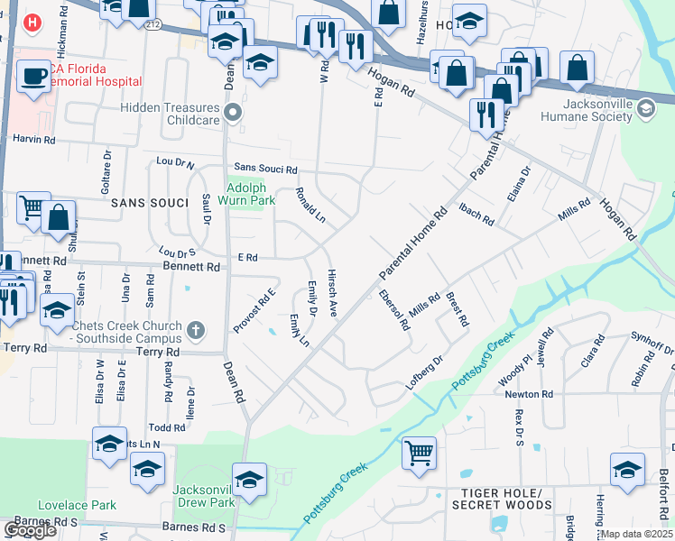 map of restaurants, bars, coffee shops, grocery stores, and more near 2441 Hirsch Avenue in Jacksonville