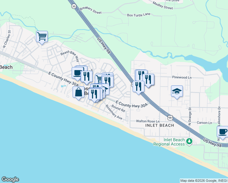 map of restaurants, bars, coffee shops, grocery stores, and more near 108 Bourne Lane in Rosemary Beach