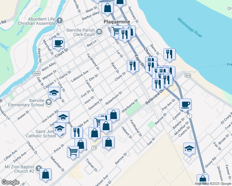 map of restaurants, bars, coffee shops, grocery stores, and more near 24217 Ferdinand Street in Plaquemine