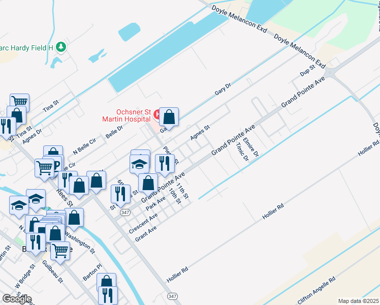 map of restaurants, bars, coffee shops, grocery stores, and more near 110 David Street in Breaux Bridge