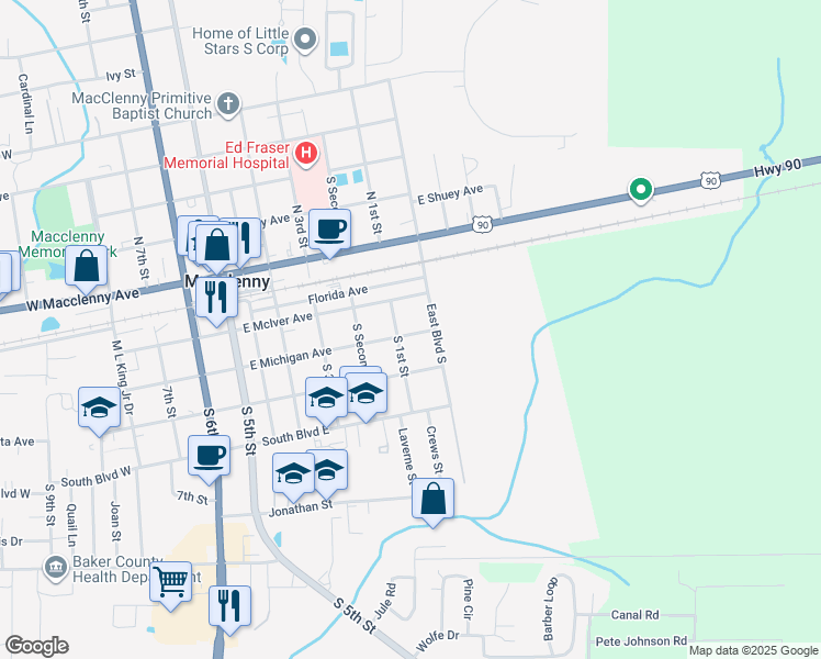 map of restaurants, bars, coffee shops, grocery stores, and more near 513 East Michigan Avenue in Macclenny