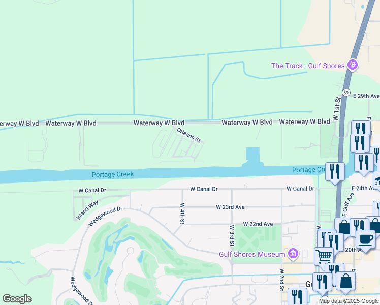 map of restaurants, bars, coffee shops, grocery stores, and more near 2604 Chastain Street in Gulf Shores