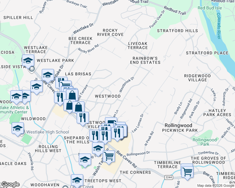 map of restaurants, bars, coffee shops, grocery stores, and more near 309 Blue Ridge Trail in Austin