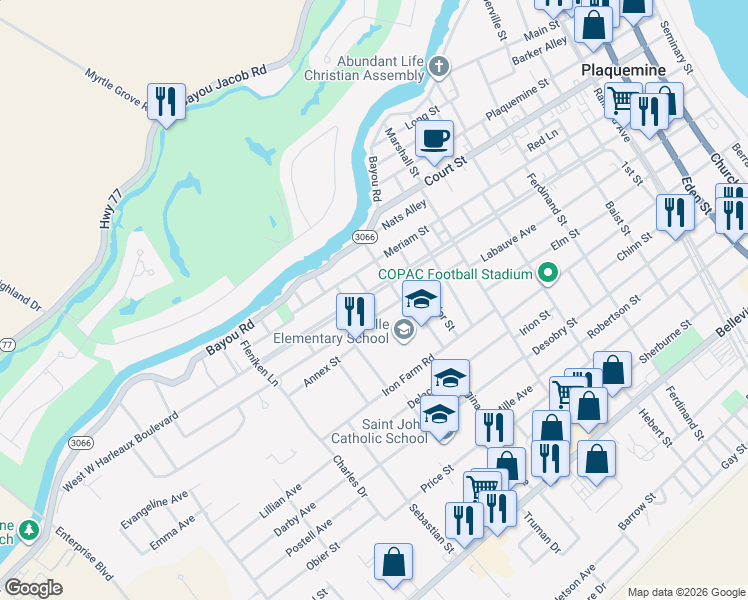 map of restaurants, bars, coffee shops, grocery stores, and more near 58641 Captain T T Harris Street in Plaquemine