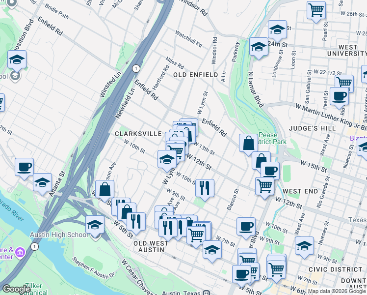 map of restaurants, bars, coffee shops, grocery stores, and more near 1601 Waterston Avenue in Austin