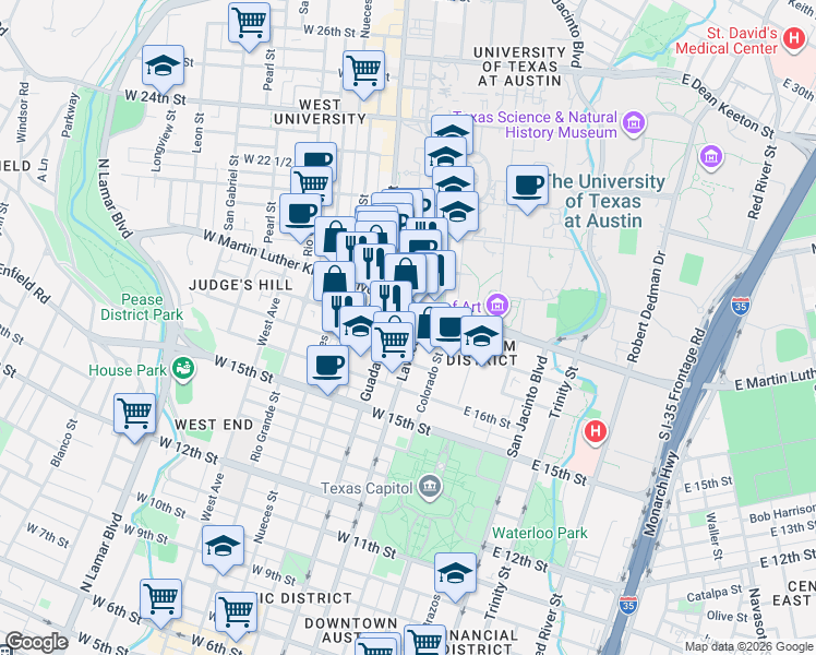 map of restaurants, bars, coffee shops, grocery stores, and more near in Austin