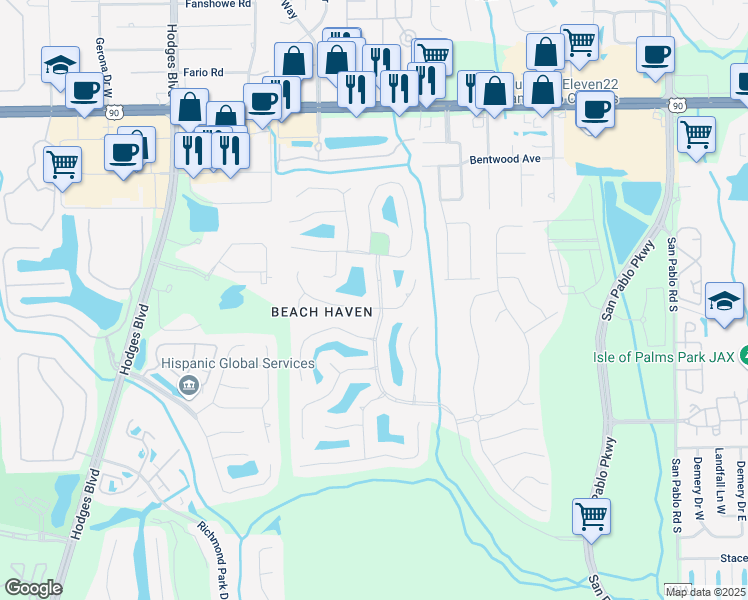 map of restaurants, bars, coffee shops, grocery stores, and more near 13899 White Heron Place in Jacksonville