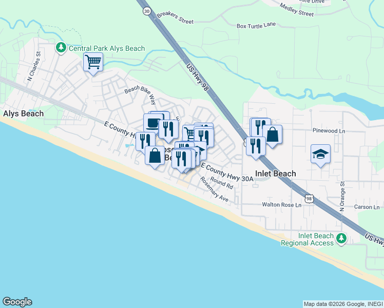 map of restaurants, bars, coffee shops, grocery stores, and more near 104 North Barrett Square in Alys Beach