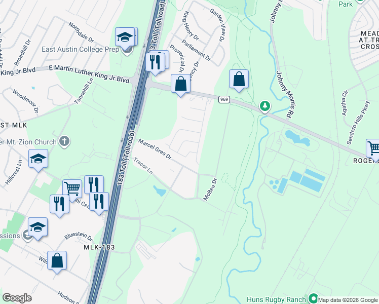 map of restaurants, bars, coffee shops, grocery stores, and more near Little Hill Circle in Austin
