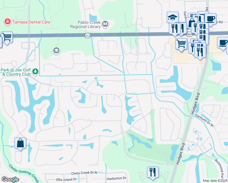 map of restaurants, bars, coffee shops, grocery stores, and more near 13031 Hunt Club Road North in Jacksonville
