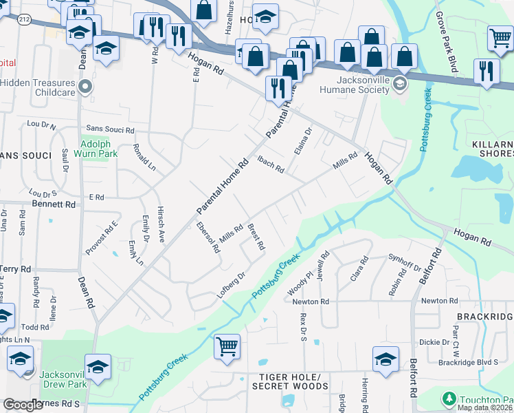 map of restaurants, bars, coffee shops, grocery stores, and more near 2252 Mills Road in Jacksonville
