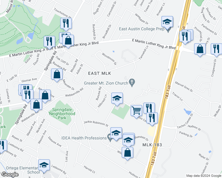 map of restaurants, bars, coffee shops, grocery stores, and more near 5410 Samuel Huston Avenue in Austin