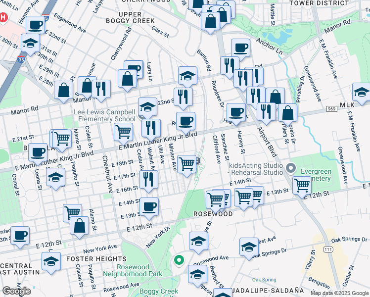 map of restaurants, bars, coffee shops, grocery stores, and more near 2823 East Martin Luther King Junior Boulevard in Austin