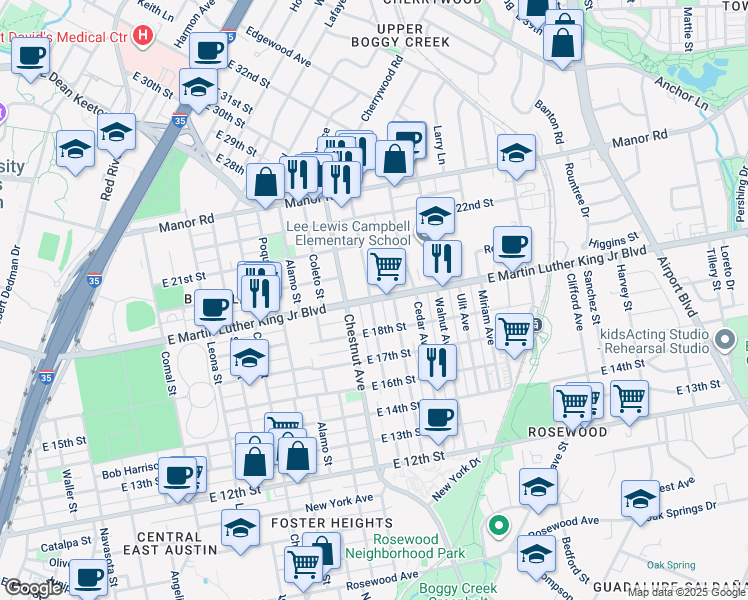 map of restaurants, bars, coffee shops, grocery stores, and more near 2403 East Martin Luther King Junior Boulevard in Austin