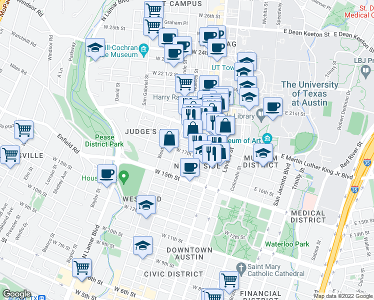 map of restaurants, bars, coffee shops, grocery stores, and more near 1700 Nueces Street in Austin