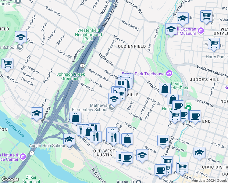 map of restaurants, bars, coffee shops, grocery stores, and more near in Austin