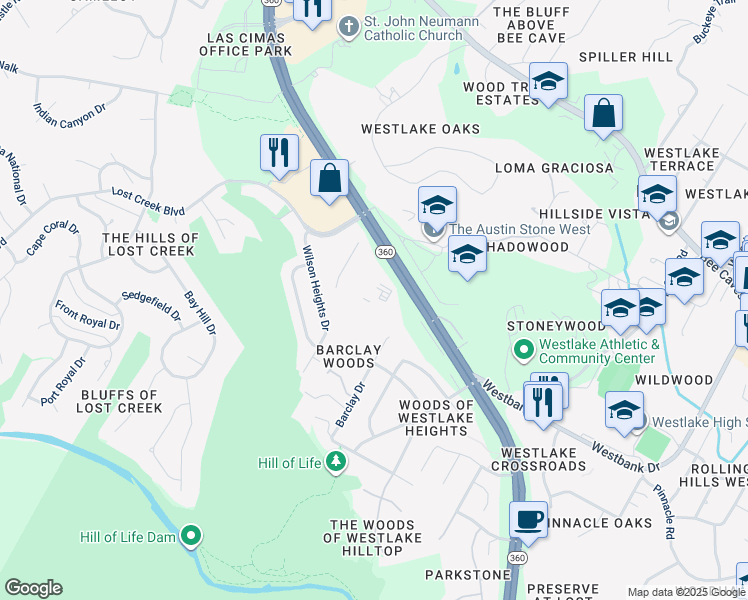 map of restaurants, bars, coffee shops, grocery stores, and more near 1250 South Capital of Texas Highway in West Lake Hills
