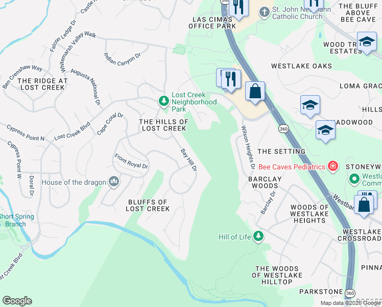 map of restaurants, bars, coffee shops, grocery stores, and more near 1507 Bay Hill Drive in Austin