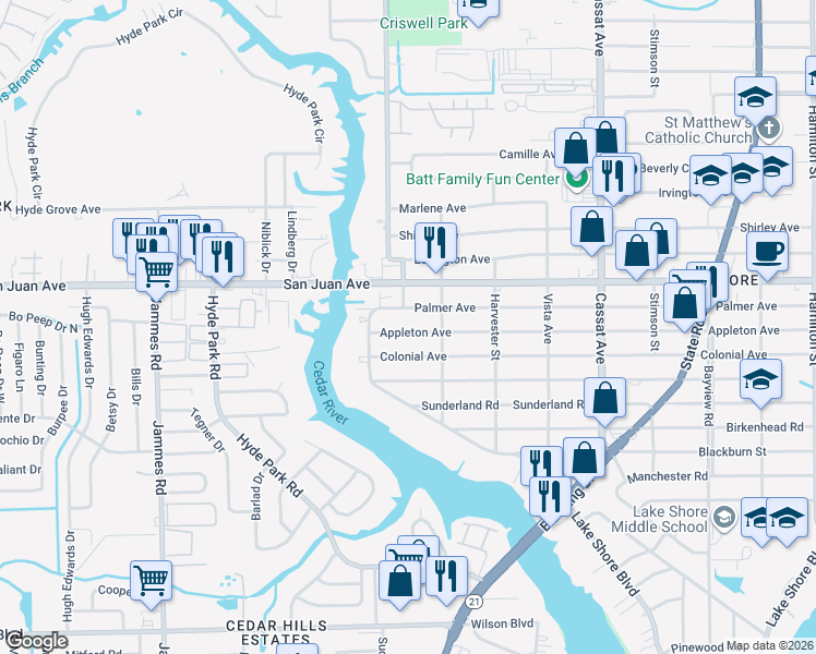 map of restaurants, bars, coffee shops, grocery stores, and more near 5343 Appleton Avenue in Jacksonville
