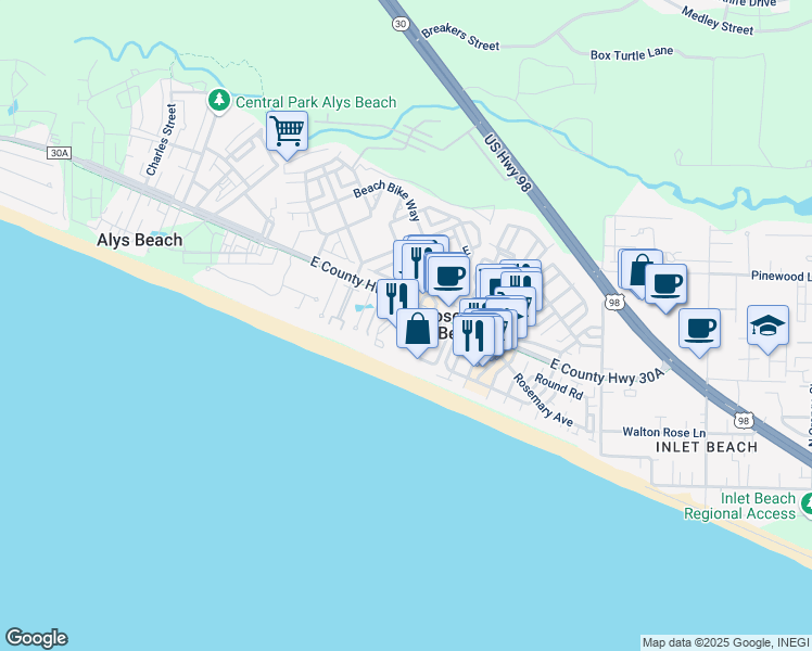 map of restaurants, bars, coffee shops, grocery stores, and more near 75 Longue Vue Drive in Rosemary Beach