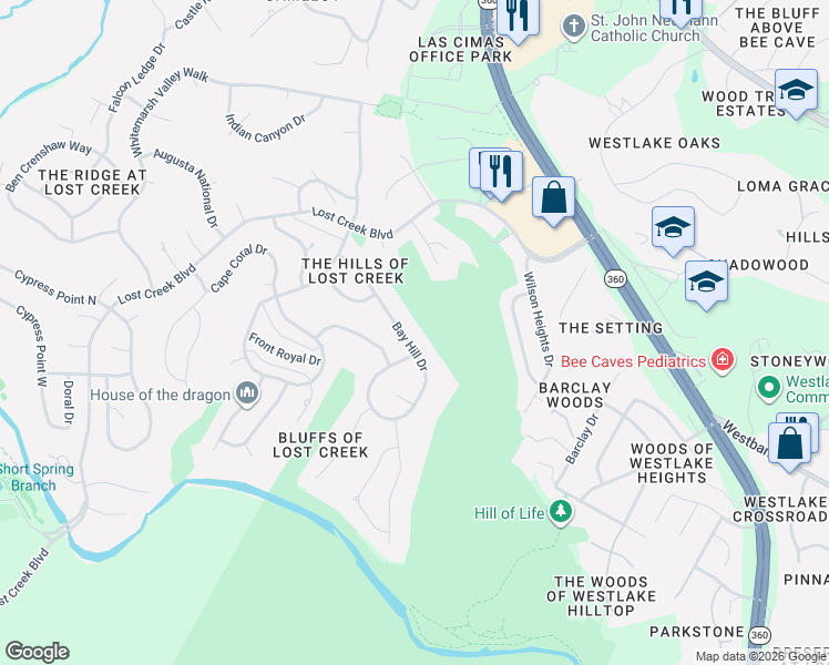 map of restaurants, bars, coffee shops, grocery stores, and more near 1507 Bay Hill Drive in Austin