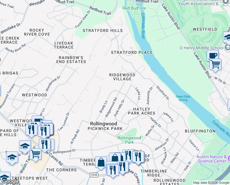 map of restaurants, bars, coffee shops, grocery stores, and more near 401 Brady Lane in Austin