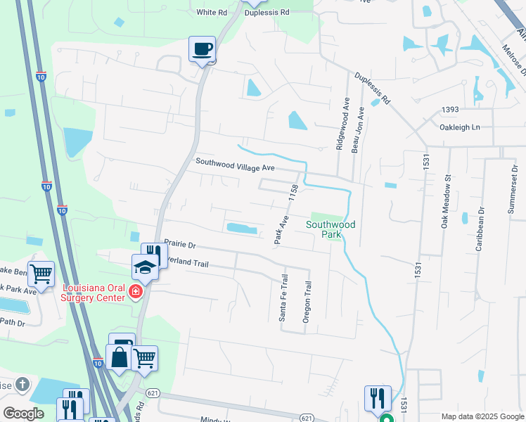 map of restaurants, bars, coffee shops, grocery stores, and more near 37413 Parkwood Avenue in Prairieville