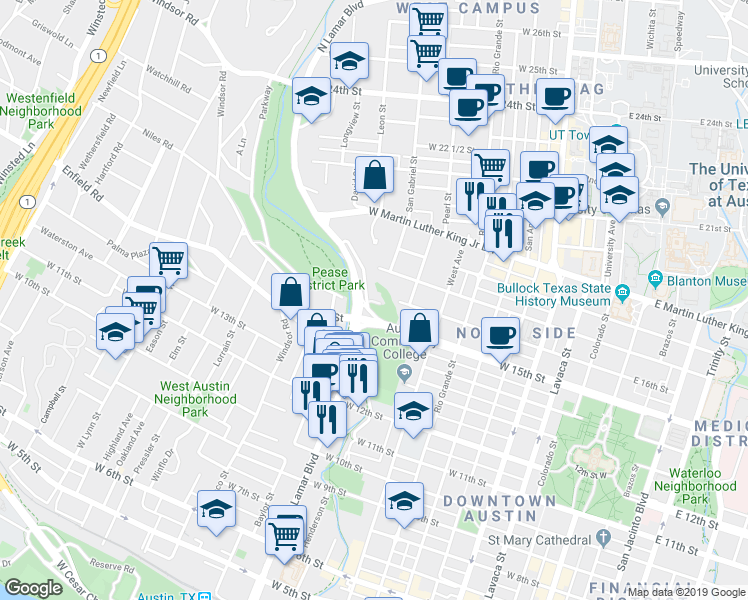map of restaurants, bars, coffee shops, grocery stores, and more near 1509 Shoal Creek Boulevard in Austin