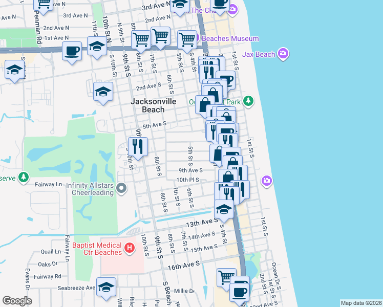 map of restaurants, bars, coffee shops, grocery stores, and more near 815 5th Street South in Jacksonville Beach