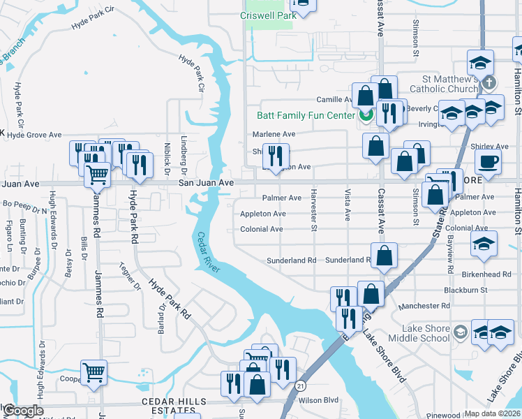 map of restaurants, bars, coffee shops, grocery stores, and more near 5331 Appleton Avenue in Jacksonville