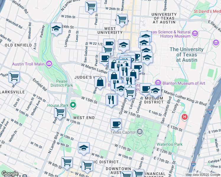 map of restaurants, bars, coffee shops, grocery stores, and more near 1700 Nueces Street in Austin
