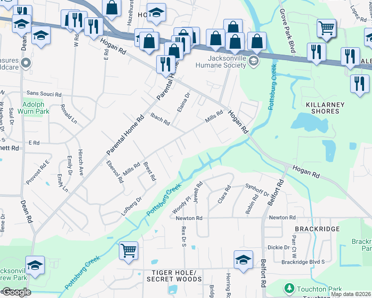 map of restaurants, bars, coffee shops, grocery stores, and more near 2115 Mills Road in Jacksonville