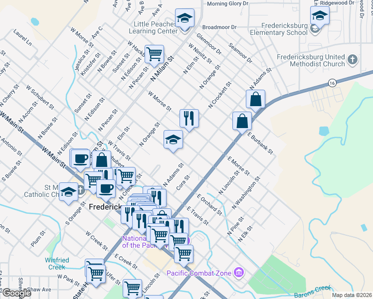map of restaurants, bars, coffee shops, grocery stores, and more near 107 West Centre Street in Fredericksburg