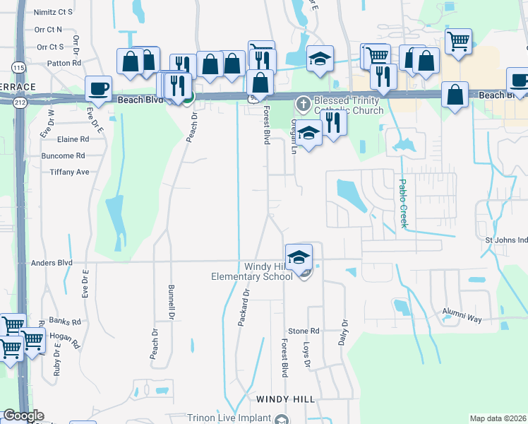 map of restaurants, bars, coffee shops, grocery stores, and more near 3638 Forest Boulevard in Jacksonville