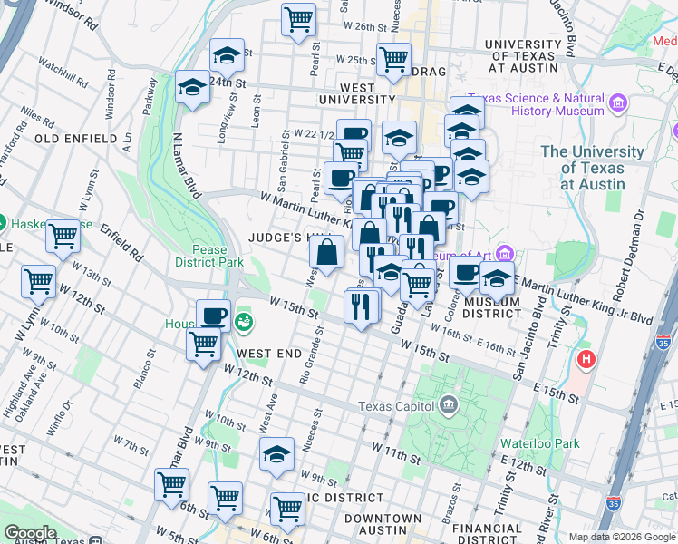 map of restaurants, bars, coffee shops, grocery stores, and more near 1701 Rio Grande Street in Austin