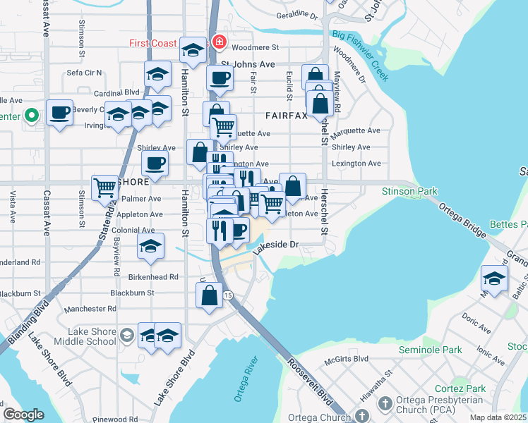 map of restaurants, bars, coffee shops, grocery stores, and more near 4357 Appleton Avenue in Jacksonville