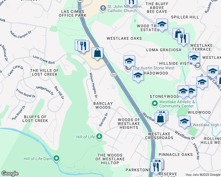 map of restaurants, bars, coffee shops, grocery stores, and more near 1250 South Capital of Texas Highway in Austin