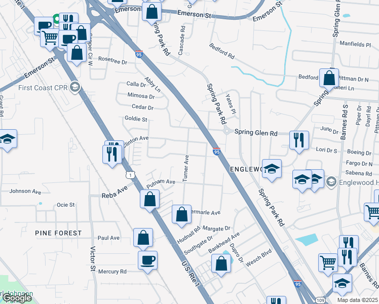map of restaurants, bars, coffee shops, grocery stores, and more near 4603 De Kalb Avenue in Jacksonville