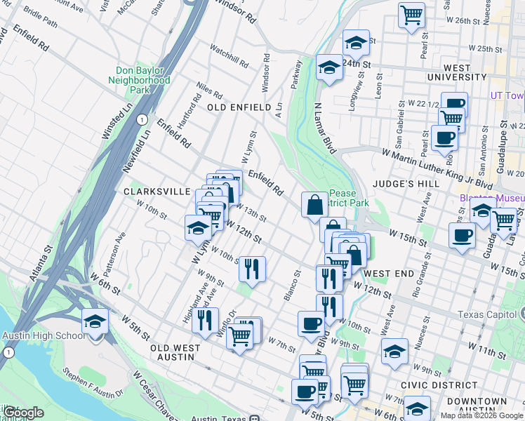 map of restaurants, bars, coffee shops, grocery stores, and more near 1301 Marshall Lane in Austin