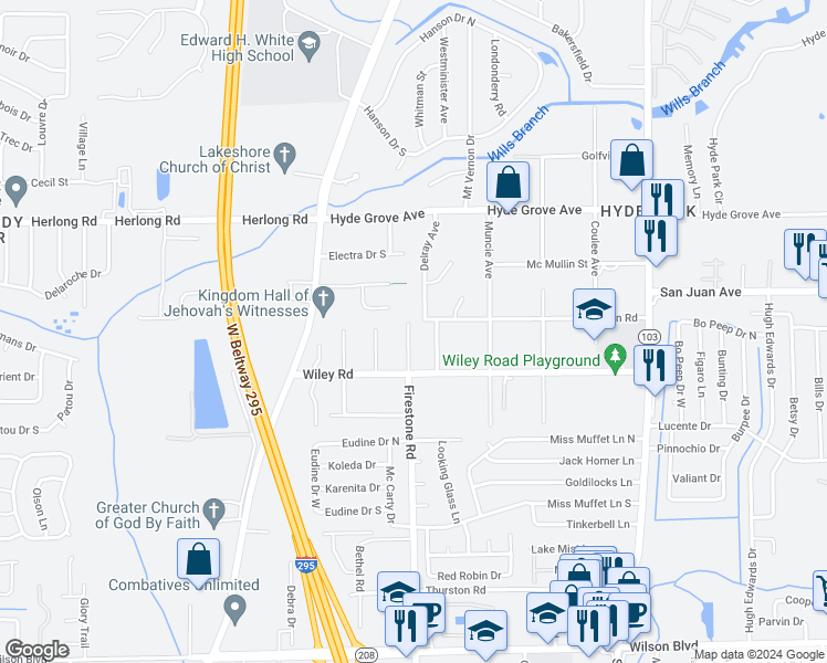 map of restaurants, bars, coffee shops, grocery stores, and more near 2013 Firestone Road in Jacksonville