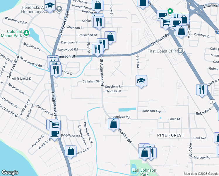 map of restaurants, bars, coffee shops, grocery stores, and more near 2105 Thomas Court in Jacksonville