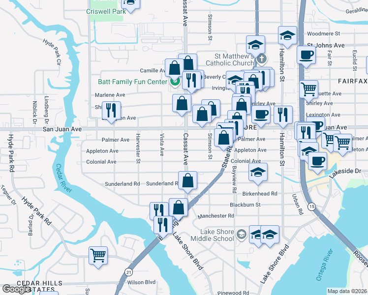 map of restaurants, bars, coffee shops, grocery stores, and more near 2078 Cassat Avenue in Jacksonville