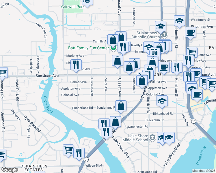 map of restaurants, bars, coffee shops, grocery stores, and more near 5051 Appleton Avenue in Jacksonville