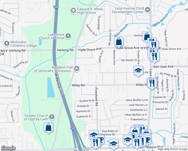 map of restaurants, bars, coffee shops, grocery stores, and more near 2012 Firestone Road in Jacksonville