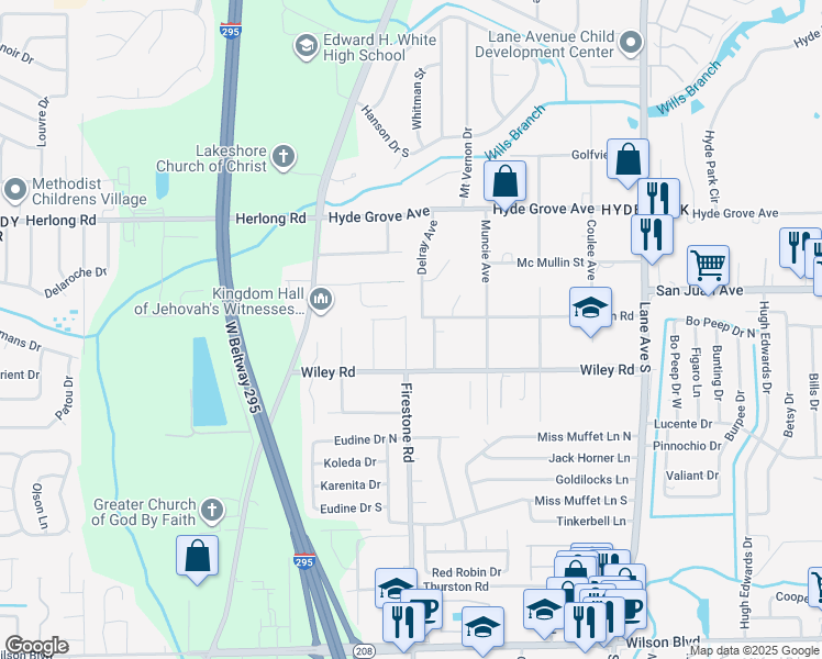 map of restaurants, bars, coffee shops, grocery stores, and more near 2012 Firestone Road in Jacksonville
