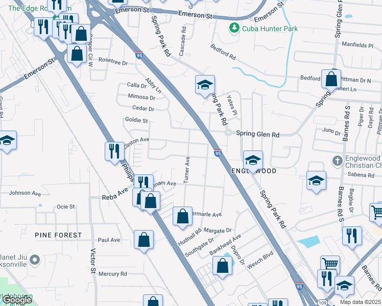 map of restaurants, bars, coffee shops, grocery stores, and more near 4603 De Kalb Avenue in Jacksonville