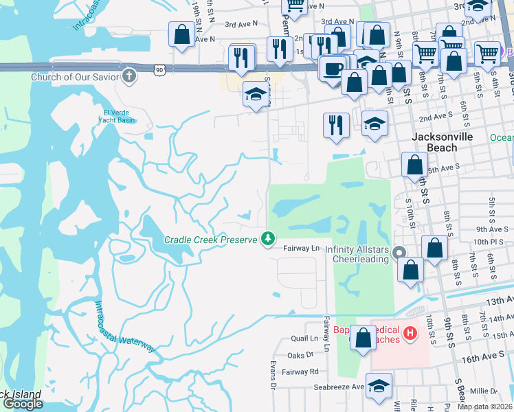map of restaurants, bars, coffee shops, grocery stores, and more near 688 Marshview Drive in Jacksonville Beach