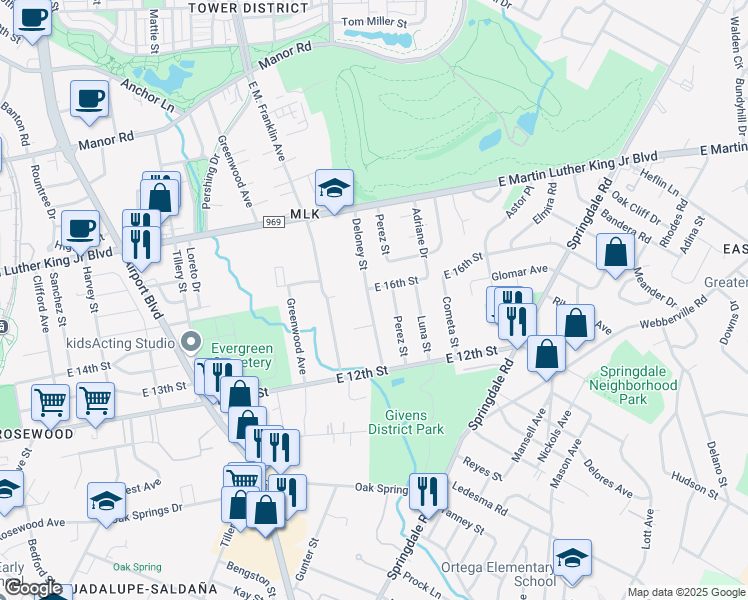 map of restaurants, bars, coffee shops, grocery stores, and more near 1409 Deloney Street in Austin