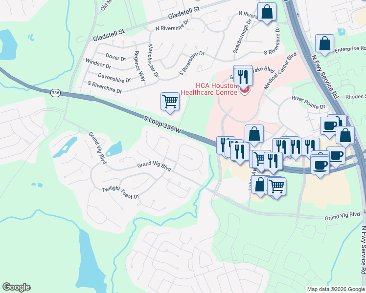 map of restaurants, bars, coffee shops, grocery stores, and more near 282 Trillium Park Loop in Conroe